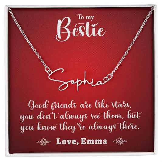 TO MY BESTIE, SIGNATURE NAME NECKLACE WITH MESSAGE CARD, UNIQUE GIFT FOR HER, BIRTHDAY GIFT FOR FRIEND