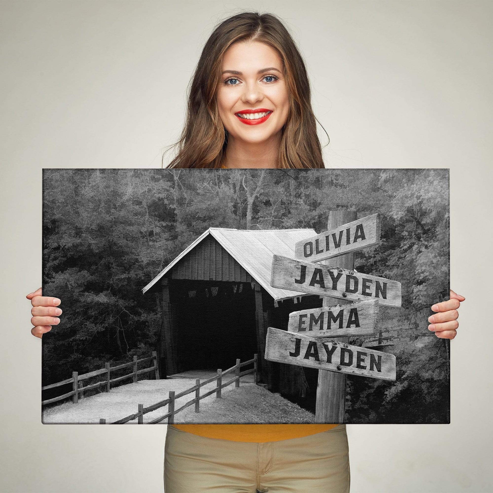 Customized Canvas Covered Bridge Black And White Customized Canvas With Multi Names