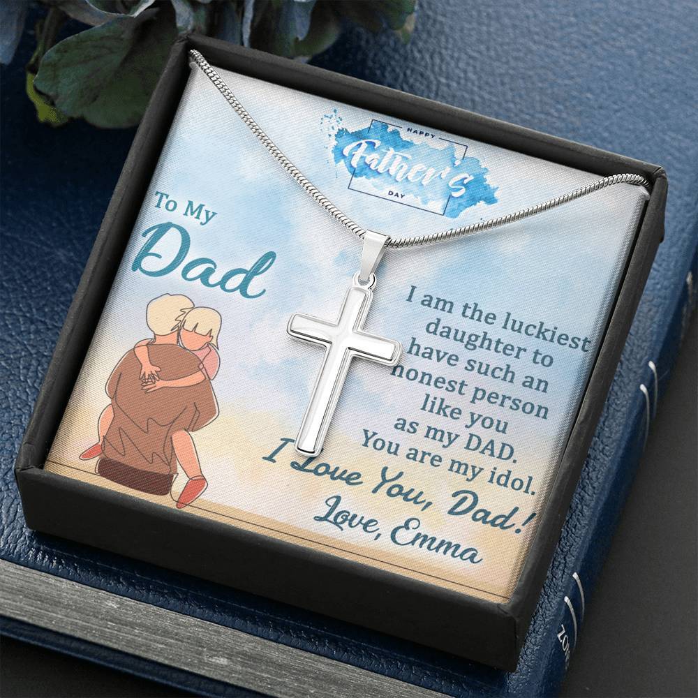 Jewelry To My Dad, I am The Luckiest Daughter, Custom Cross Necklace, Anniversary, Christmas, Gift Ideas For Him, Silver Necklace With Message Card, Happy Father's Day