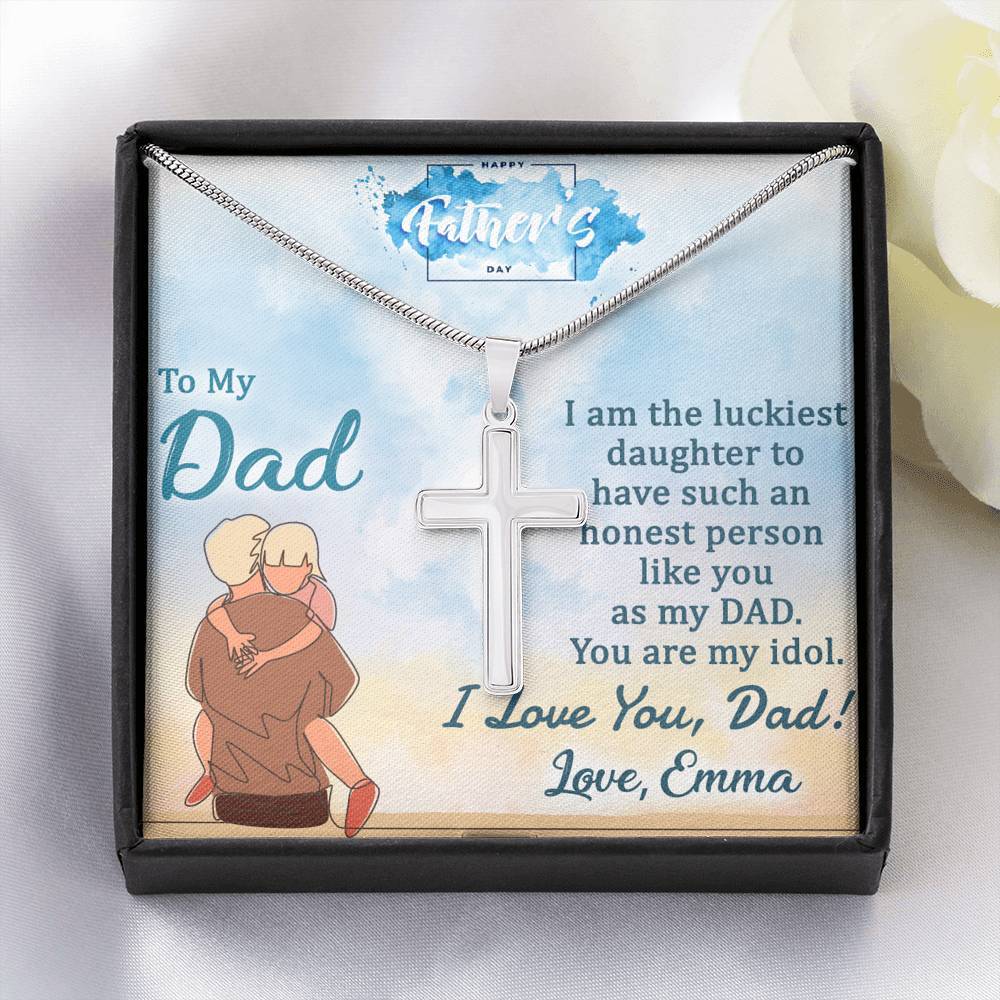 Jewelry Standard Box To My Dad, I am The Luckiest Daughter, Custom Cross Necklace, Anniversary, Christmas, Gift Ideas For Him, Silver Necklace With Message Card, Happy Father's Day